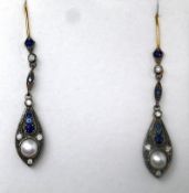 A boxed pair of antique, yellow gold diamond, sapphire and pearl drop earrings, L: 5cm, 3.5g.