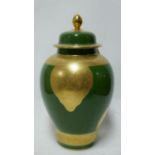 A very large green and 18ct gold painted, porcelain lidded jar and cover, 58 x 32cm.
