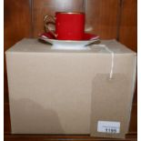 4 boxed Legle Limoges, red/18ct finish porcelain coffee cups and 4 saucers.