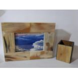 A designer horn-inlaid photoframe and pen pot by Acahorn. Photoframe: 22.5 x 29 x 5cm, Pen pot: 11 x