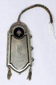 An Art Deco sterling silver and enamelled ladies compact, suspended from a silver ropetwist cord,