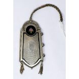 An Art Deco sterling silver and enamelled ladies compact, suspended from a silver ropetwist cord,