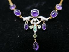 A boxed, yellow gold drop necklace set with amethyst cabochons, seed pearls, emerald and peridot, L: