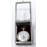 A silver plated and glass pocket watch display stand, together with a silver open face pocket watch,