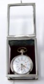 A silver plated and glass pocket watch display stand, together with a silver open face pocket watch,