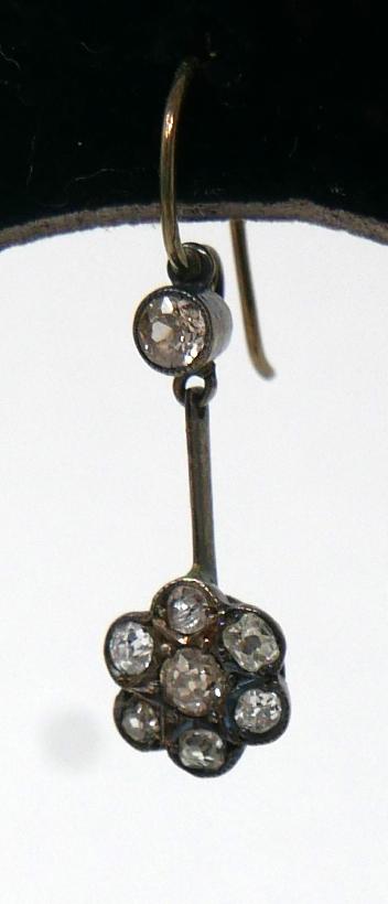 A pair of antique, yellow gold, rose-cut diamond drop earrings composed of a single diamond - Image 2 of 2