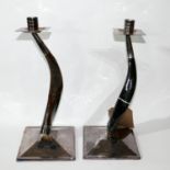 A pair of Platta Lapas, silver plated and horn candlesticks, on squared bases, H: 31cm.