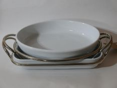 Two large Sambonet, stainless steel and ceramic serving dishes, Larger: 9 x 46cm, Smaller: 9 x 43cm.