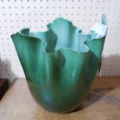 A large, Venini, Italian green glass, wavy-rim vase, H: 30cm, RRP: £625. Engraved 'Venini 2012' to