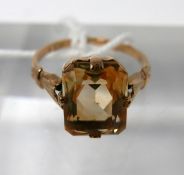 A 9ct yellow gold, Victorian, citrine ring, centrally set with a faceted, rectangular citrine in a