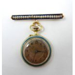 An 18ct yellow gold LeCoultre fob watch, the gilt dial with Arabic numerals, with enamel bezel and