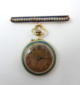 An 18ct yellow gold LeCoultre fob watch, the gilt dial with Arabic numerals, with enamel bezel and