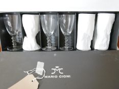 6 boxed Mario Cioni, Italian, large wine glasses with triple bobble stem, H: 16.5cm. Engraved to