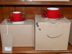 4 Legle Limoges, red/platinum finish porcelain tea cups and saucers with 4 matching coffee cups