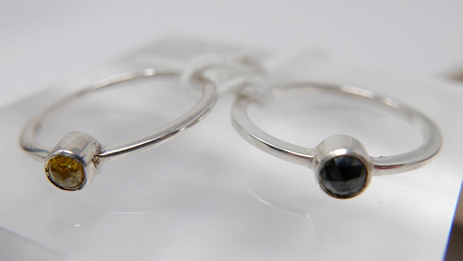 Two boxed, sterling silver rings set with one faceted yellow and one black diamond, Sizes: P & Q 1/ - Image 2 of 2