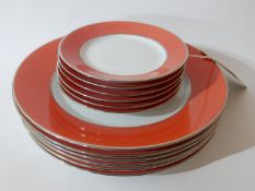 Legle Limoges – Coral porcelain/platinum finish collection: 6 large dinner plates Dia: 16cm, 6