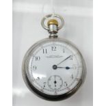 A Waltham Watch Co. USA silver open face pocket watch, enamel dial with Arabic numerals,