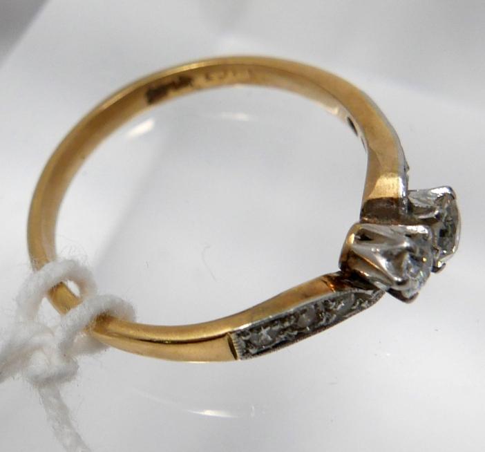 A boxed, late 19th century, 18ct yellow gold and platinum double diamond crossover ring, centrally - Image 2 of 4