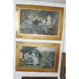 After John Hayes Williams (1836-1908), a pair of figural scenes, oleographs, gilt frames, 45cm x