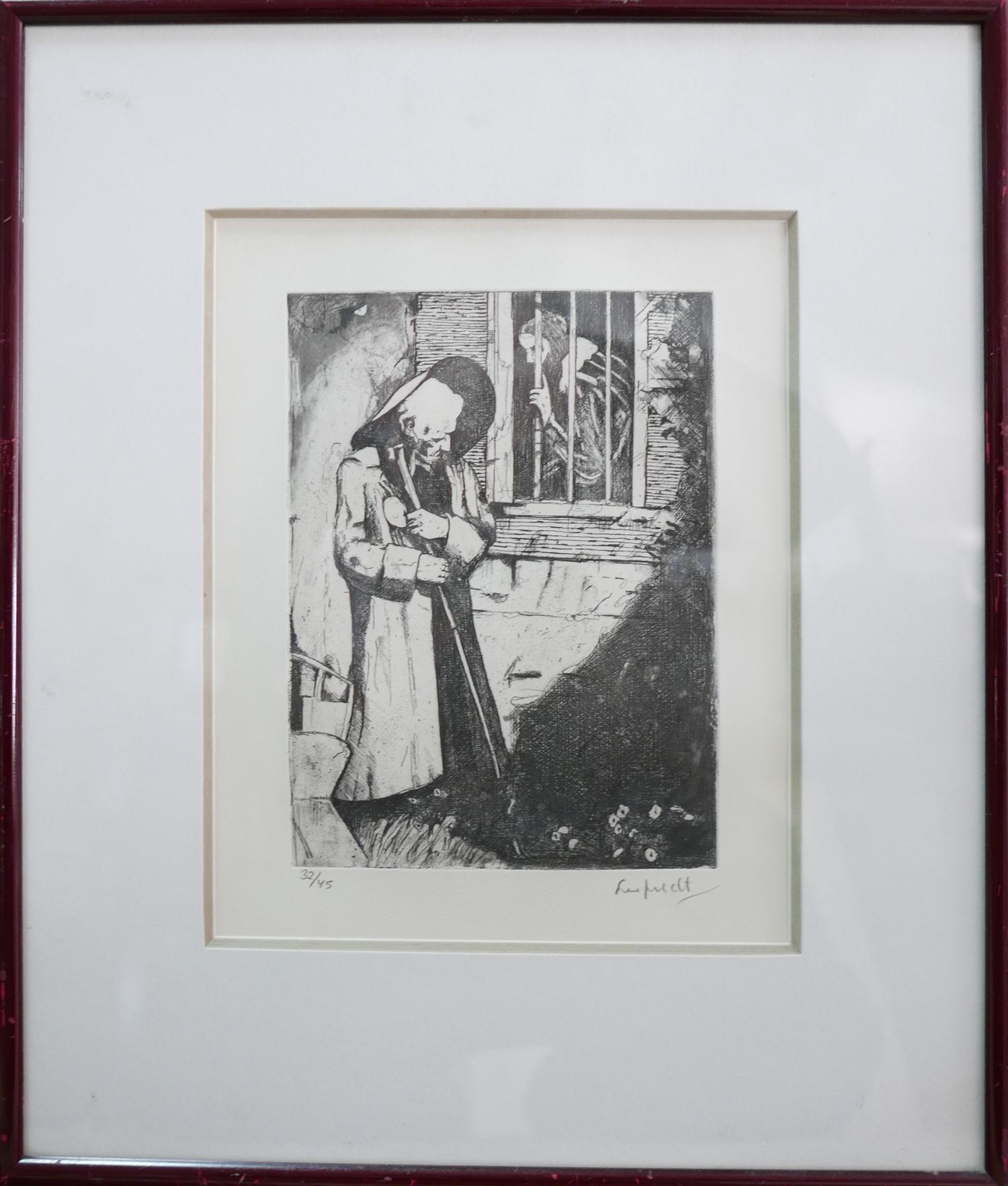 An etching of a prisoner talking to a figure through the bars, signed and numbered 32/45 in pencil - Image 3 of 3