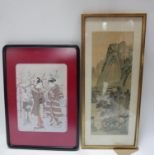 A Chinese watercolour on silk together with a Japanese print