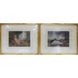 Will Henderson, two coloured mezzotints depicting maidens reclining in forests, signed in pencil