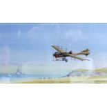Barry K. Barnes, a plane flying low over a beach with battleship to background, watercolour,