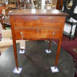 A Georgian mahogany side table, with hinge lid top above single drawer, raised on tapered legs, H.76