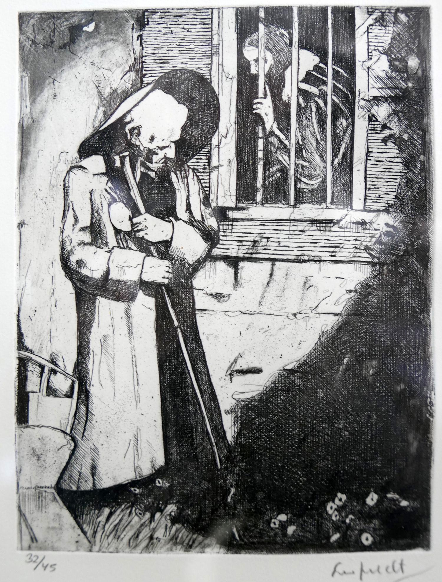 An etching of a prisoner talking to a figure through the bars, signed and numbered 32/45 in pencil