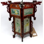 A 1940's Chinese hardwood lantern with painted glass panels, H.41 W.41 D.38cm