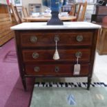 A late 19th century French inlaid walnut chest, with marble top, raised on reeded tapered legs, H.72