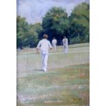 Sue Thomson, oil on canvas titled 'Cricket match in mid summer', 17 x 12cm