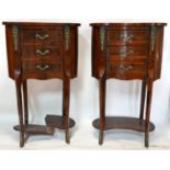A pair of French walnut kidney shape side chests with three drawers, one lower tier is broken