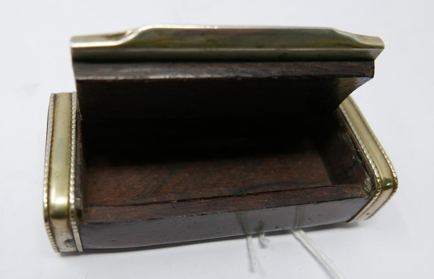 A 19th century rosewood and white metal mounted snuff box, the lid decorated with hunter, stag, - Image 2 of 2