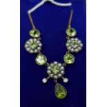 A boxed yellow gold, diamond, seed pearl and peridot cluster necklace, L: 48cm, 6.7g