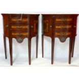 A pair of Italian inlaid walnut demi lume side chests of three drawers, flanked by two cupboard