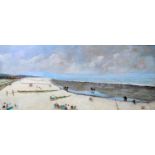 A large 20th century oil on board depicting a panoramic view of a beach, unsigned, 50 x 117cm