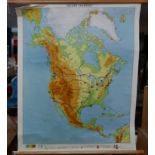 A vintage Dutch school wall hanging map of North America, 105 x 86cm