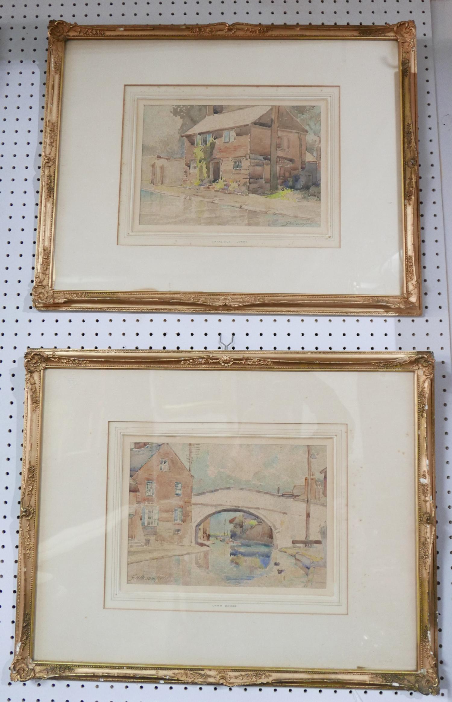 A pair of early 20th century gilt framed and glazed watercolours, Lymm Bridge and Canal Side Lymm,