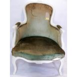 A Louis XV style cream painted armchair with green velour upholstery