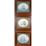 Chris Williams (New Zealand), a set of three watercolours of ships at sea, feigned to oval, framed