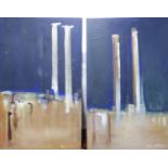 Judy Gillard (Contemporary School) 'Battersea Power Station in Abstract', a pair, acrylic on canvas,