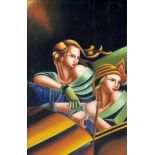After Lempicka, an oil on canvas depicting two ladies in a car, 90 x 60cm