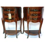 A pair of French walnut demi lume side chests of three drawers raised on splayed legs, H.81 W.55 D.