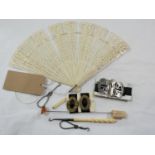 A collection of antique items to include a pierced bone fan L: 23.5cm, a hatpin, two pairs of