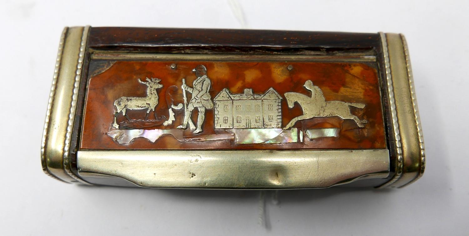 A 19th century rosewood and white metal mounted snuff box, the lid decorated with hunter, stag,