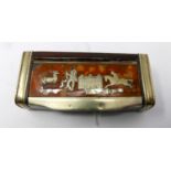 A 19th century rosewood and white metal mounted snuff box, the lid decorated with hunter, stag,