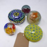 Five glass paperweights to include a Mdina and 2 millefiori examples