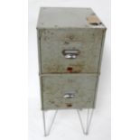 A vintage metal two drawer filing cabinet raised on hair pin legs, H.82 W.32 D.41cm