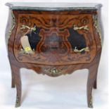 A Louis XV style inlaid walnut bombe chest of two drawers, with marble tops raised on cabriole legs,